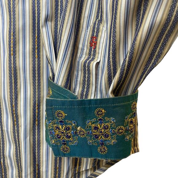 Robert Graham Men’s Striped Button Down Shirt Silk Trim Flip Cuff Blue Size XXL - Picture 5 of 14